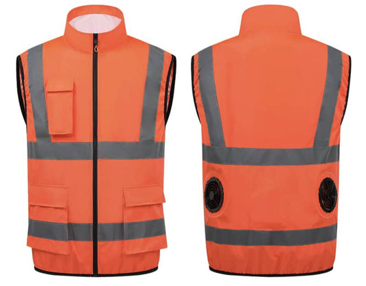 Orange work vest with fan