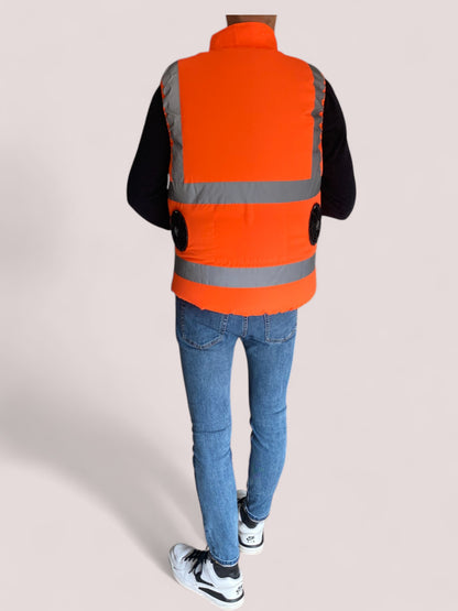Orange work vest with fan