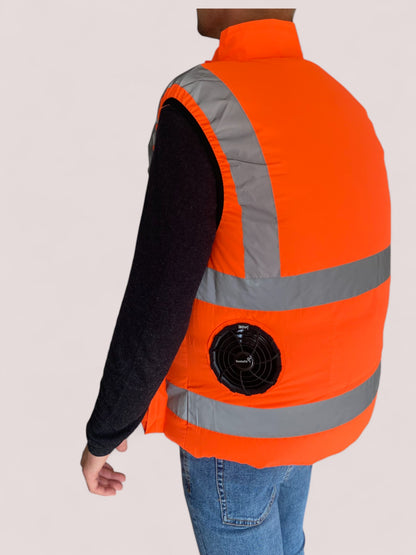 Orange work vest with fan